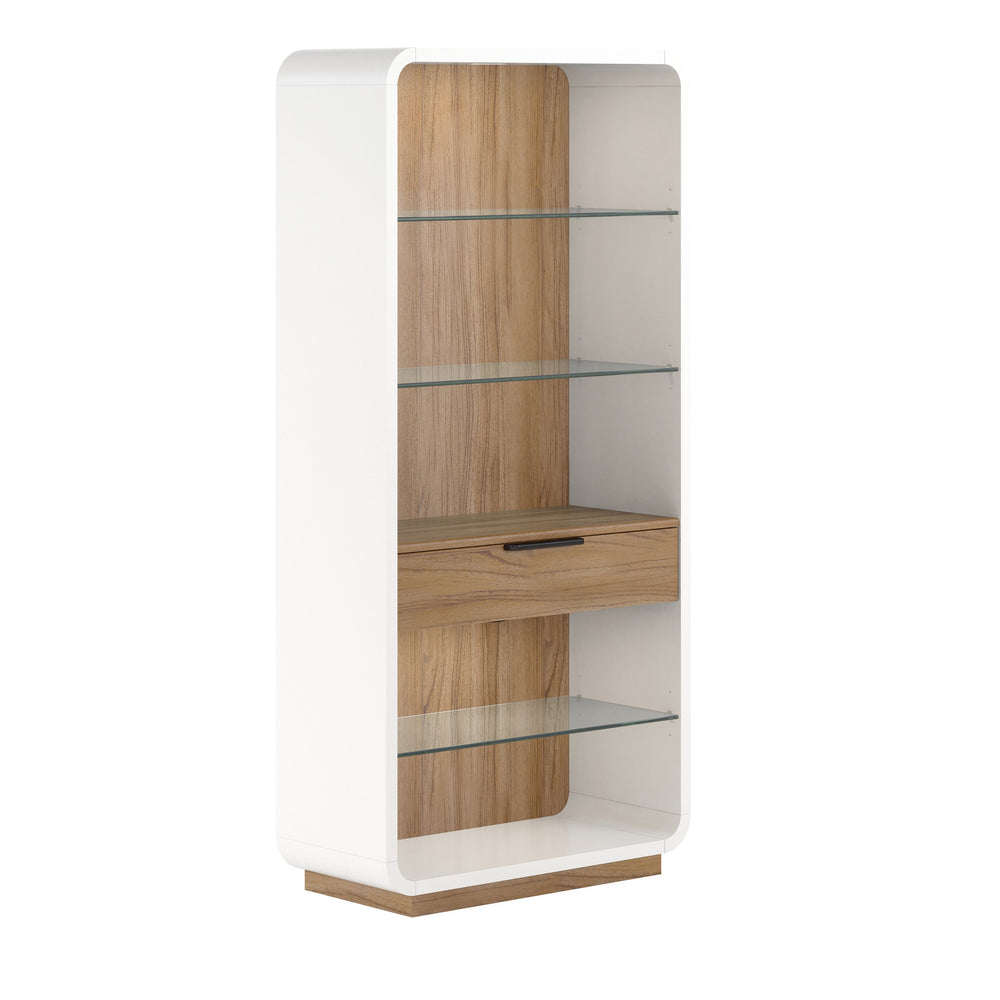 A.R.T. Furniture Portico Etagere: Contemporary Glass & Wood Display With Adjustable Shelves, Touch Lighting & Storage Drawer Brown, White Parawood Solids,Mindi Veneers,Resin,Glass 323401-3351