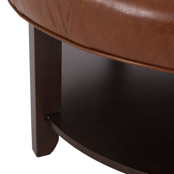 English Elm Round Tufted Pu Leather Ottoman with Open Shelf Storage for Living Room Light Brown 71589.00COGN