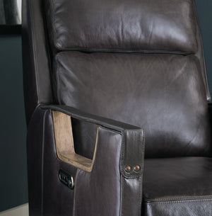 Hooker Furniture Relic Taupe Semi-Aniline Leather Power Recliner With Usb, Adjustable Headrest, Bustle Back & Wood Base Black RC810-PH-098