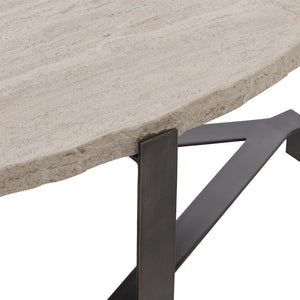 Bernhardt Bernhardt Oval Travertine Cocktail Table With Chiseled Edge And Oil‑Rubbed Bronze Geometric Base — Transitional Centerpiece (48.13"W X 28.19"D X 18.75"H) 414013