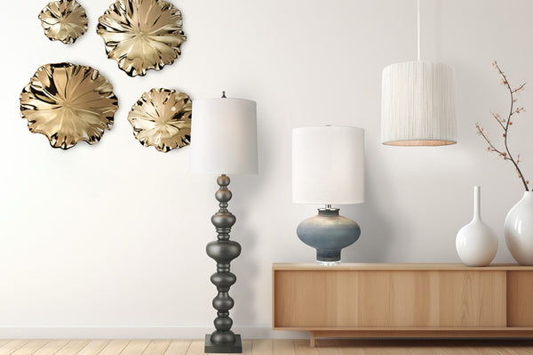 Atlas Meymac 74'' High Floor Lamp - Classic Pillar Design with White Faux Silk Shade for Elegant Spaces Pewter PL11015-GY