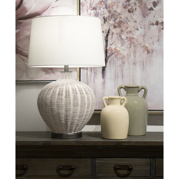 Atlas Brinley 29'' High Coastal Charm Table Lamp with Woven Rattan, Pewter Base, and Linen Shade PL11042-WH
