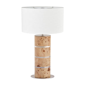 Atlas Cahill 28'' High Table Lamp - Natural Burl Wood with Nickel Accents & White Shade for Elegant Ambiance PL11142-NA