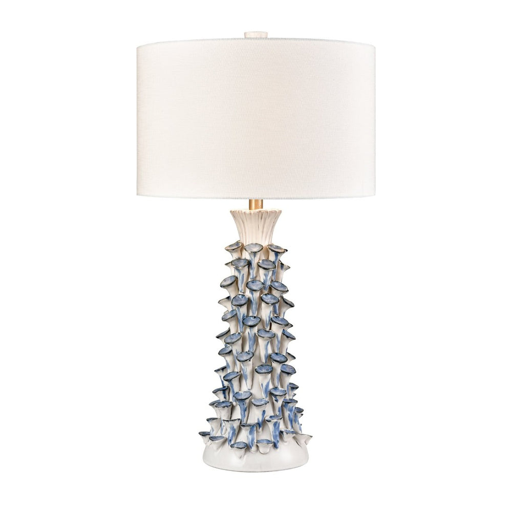 Atlas Habel Coastal 31" High Table Lamp - Elegant White Glaze with Blue Floral Motifs & Linen Shade PL11169-WH