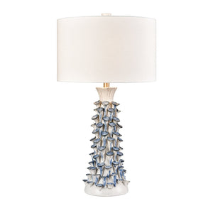 Atlas Habel Coastal 31" High Table Lamp - Elegant White Glaze with Blue Floral Motifs & Linen Shade PL11169-WH