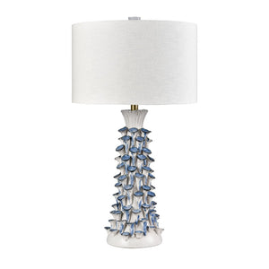 Atlas Habel Coastal 31" High Table Lamp - Elegant White Glaze with Blue Floral Motifs & Linen Shade PL11169-WH