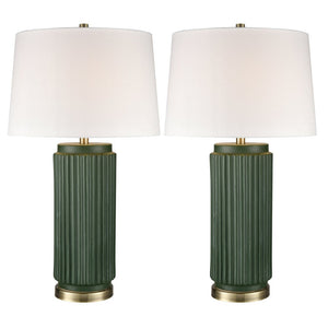 Atlas Knox 30'' High Table Lamps - Elegant Pair with Fluted Earthenware & Soft White Linen Shades Set of 2 Dark Green PL11182-GNS