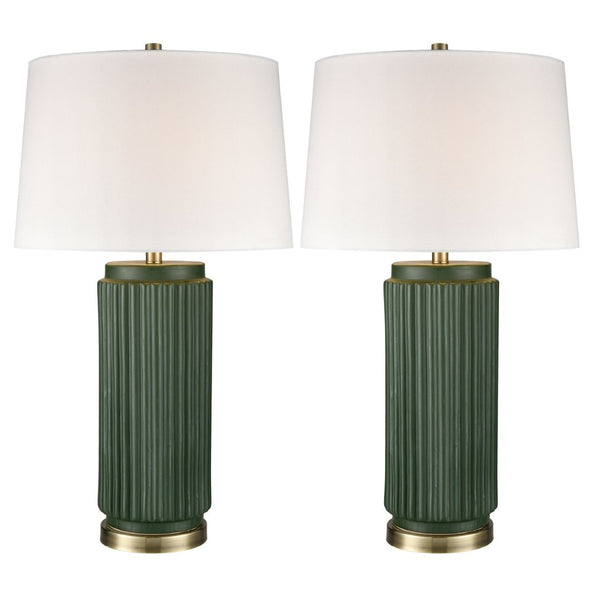 Atlas Knox 30'' High Table Lamps - Elegant Pair with Fluted Earthenware & Soft White Linen Shades Set of 2 Dark Green PL11182-GNS