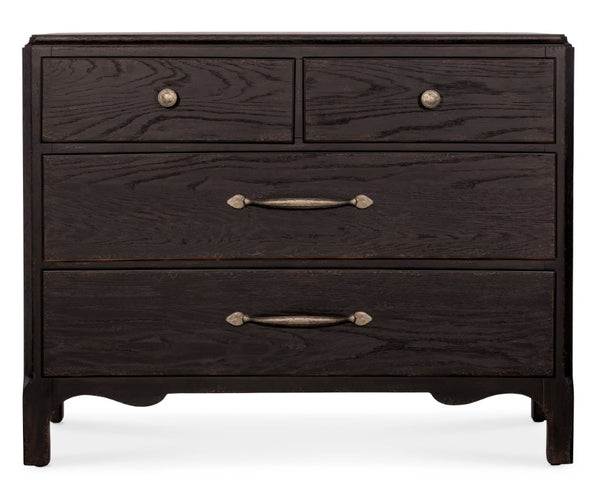Hooker Furniture Americana Distressed Bachelor Chest With Scalloped Base, Antique Bronze Pulls, 4 Self-Closing Drawers, Timeless Appeal Blacks 7050-90217-89