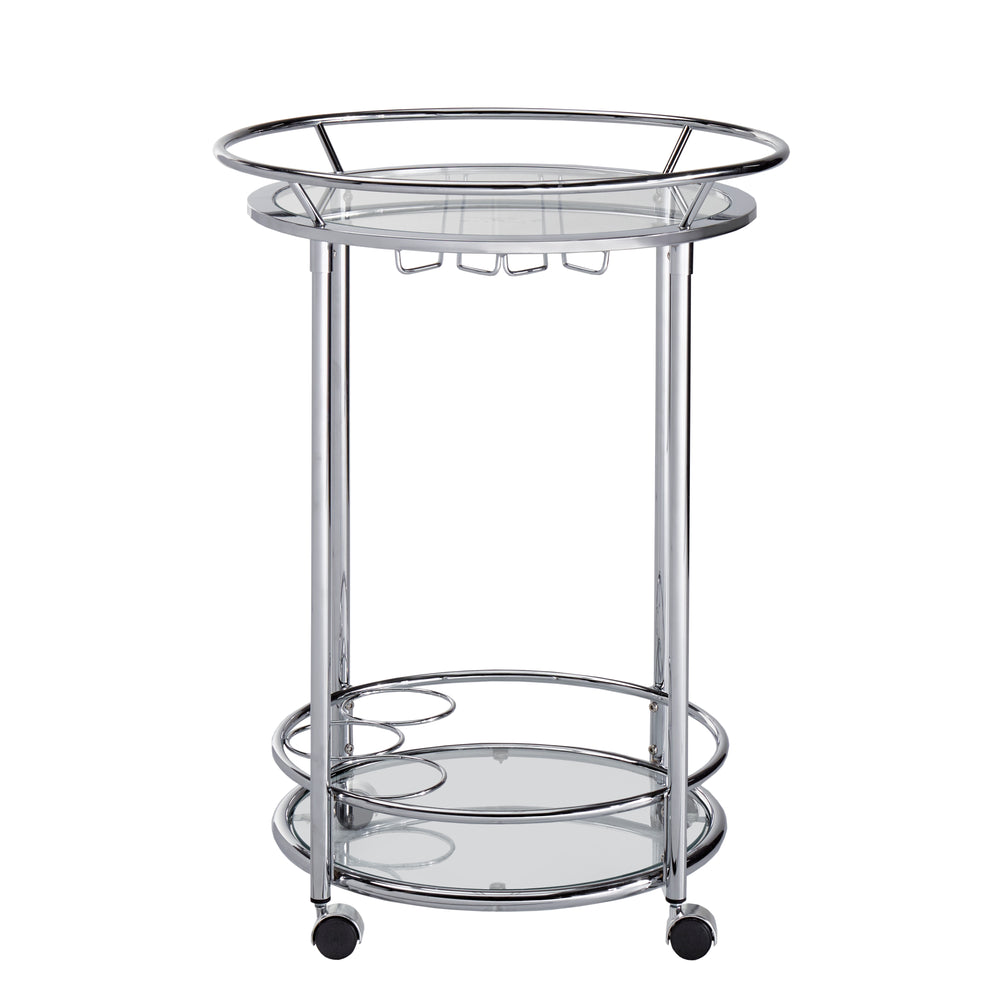 Homelegance By Top-Line Carlos Chrome Finish Round Metal Glass Top Bar Cart Chrome Metal