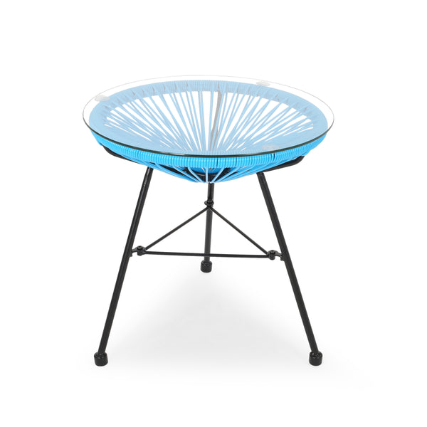 English Elm Christopher Knight Home® - NUSA Blue Side Table with Tempered Glass Top, Handcrafted Polyethylene Rattan, Modern Outdoor Accent (18") 66627.00BLU