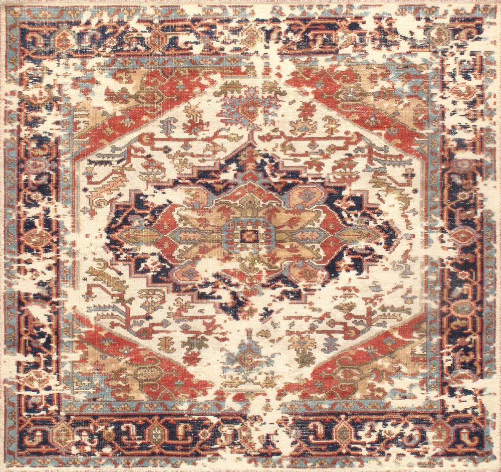 Pasargad Home Serapi Hand-Knotted 100% Wool Area Rug - Luxurious Ivory/Navy Design, 9'10" x 10'1"