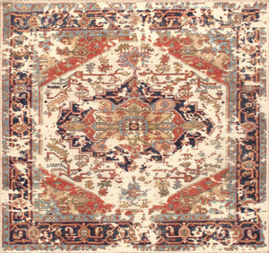 Pasargad Home Serapi Hand-Knotted 100% Wool Area Rug - Luxurious Ivory/Navy Design, 9'10" x 10'1"