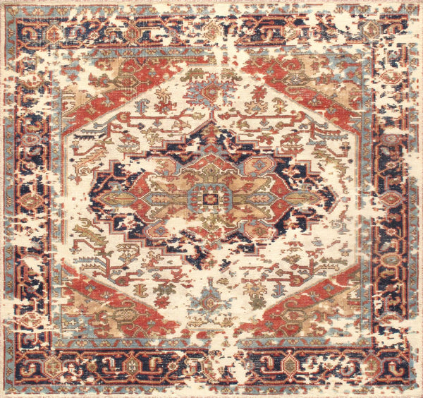 Pasargad Home Serapi Hand-Knotted 100% Wool Area Rug - Luxurious Ivory/Navy Design, 9'10" x 10'1"