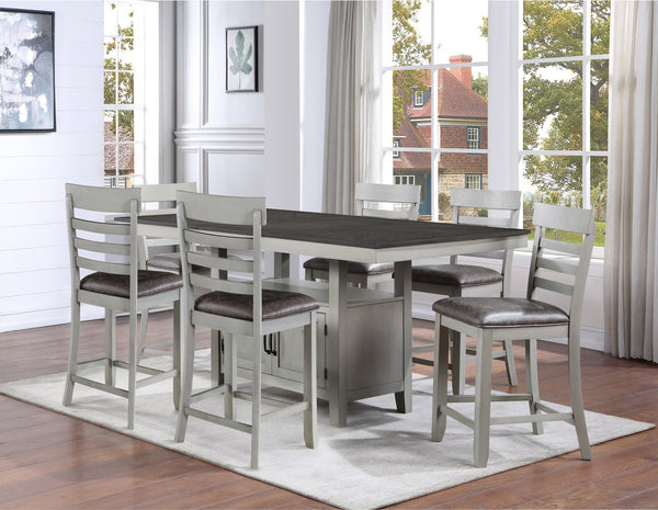 English Elm Steve Silver - Hyland 7-Piece Counter Dining Set in Pearl Silver & Stone Gray – Extendable 60–80" Chevron Top, Durable Upholstery B081S00325