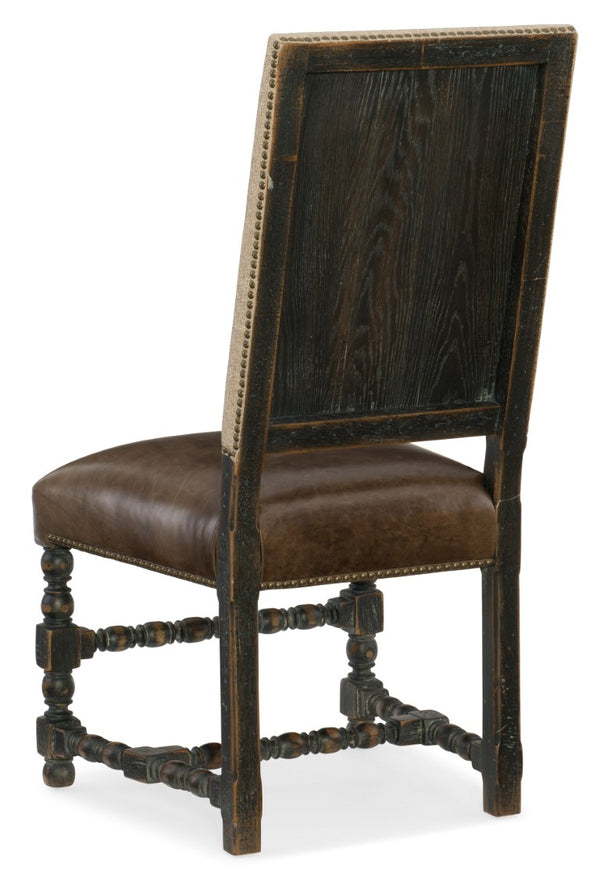 Hooker Furniture Hill Country Comfort Upholstered Side Chair Rustic Top-Grain Leather Seat, Woven Back, Bronze Nailhead Trim 5960-75410-BLK