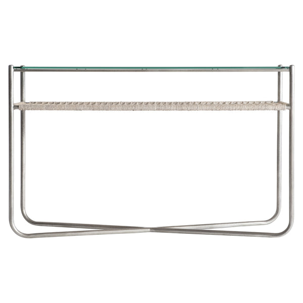 Bernhardt Bernhardt Modern Kendo Console Table With Tempered Glass Top, Woven Abaca Shelf, Graphite Frame 328910