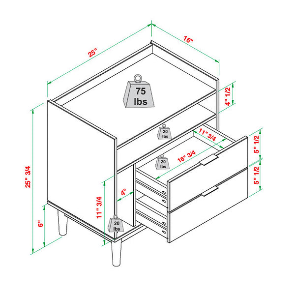 Lee Mid-Century Modern 25" Solid Pine 2-Drawer Nightstand - Stylish Storage for Any Room!