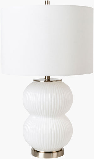 Surya Prenton Table Lamp - 26" Stylish Accent Light In Steel & Glass For Modern Home Décor Elegance Body, White,Base, Metallic ,Nickel,Shade, White,Finial, Metallic ,Nickel,Harp, Metallic ,Nickel,Cord, Translucent Glass,Steel,Linen,Iron Pno-001