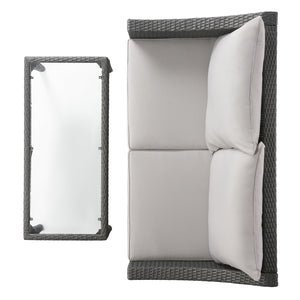 English Elm Christopher Knight Home® - ANTIBES RATTAN LOVESEAT SET WITH SIDE TABLE – Weatherproof PE Wicker, Iron Frame, Compact Patio Seating Grey 57088.00SETGRY