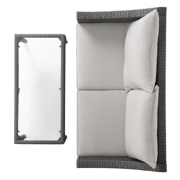 English Elm Christopher Knight Home® - ANTIBES RATTAN LOVESEAT SET WITH SIDE TABLE – Weatherproof PE Wicker, Iron Frame, Compact Patio Seating Grey 57088.00SETGRY