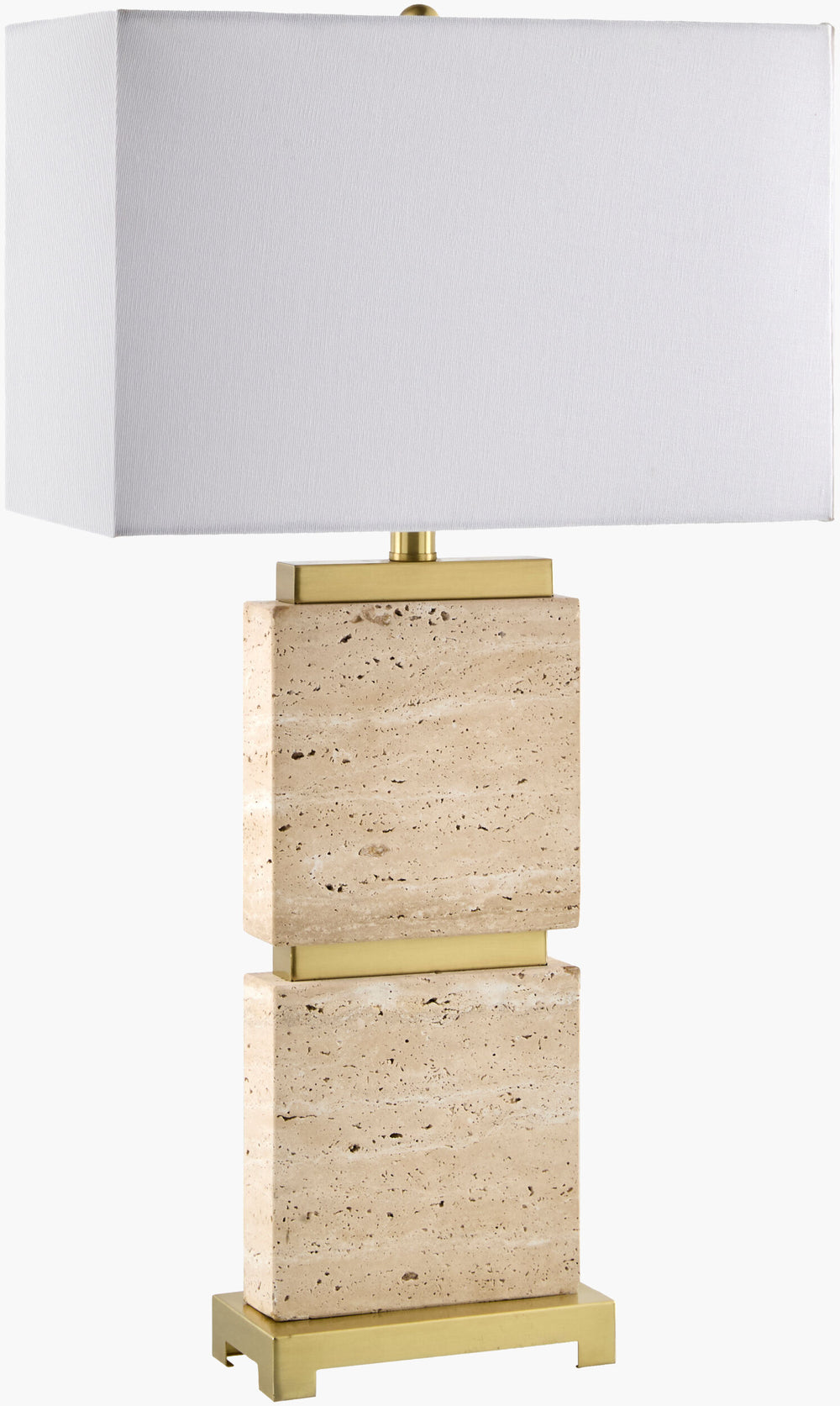 Surya Ponta 30" Elegant Table Lamp With Travertine Body & Linen Shade - Perfect For Any Home Decor! Body, Brown,Base, Metallic ,Silver,Shade, White,Harp, Metallic ,Gold,Cord, Translucent Iron,Linen,Polyester Pnt-003