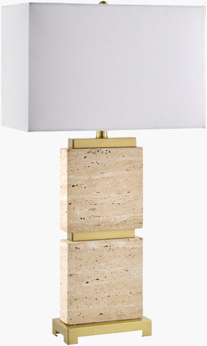 Surya Ponta 30" Elegant Table Lamp With Travertine Body & Linen Shade - Perfect For Any Home Decor! Body, Wheat,Base, Metallic ,Brass,Shade, White,Finial, Metallic ,Brass,Harp, Metallic ,Gold,Cord, Translucent Travertine,Iron,Linen,Linen,Linen,Plastic,Iron Pnt-002