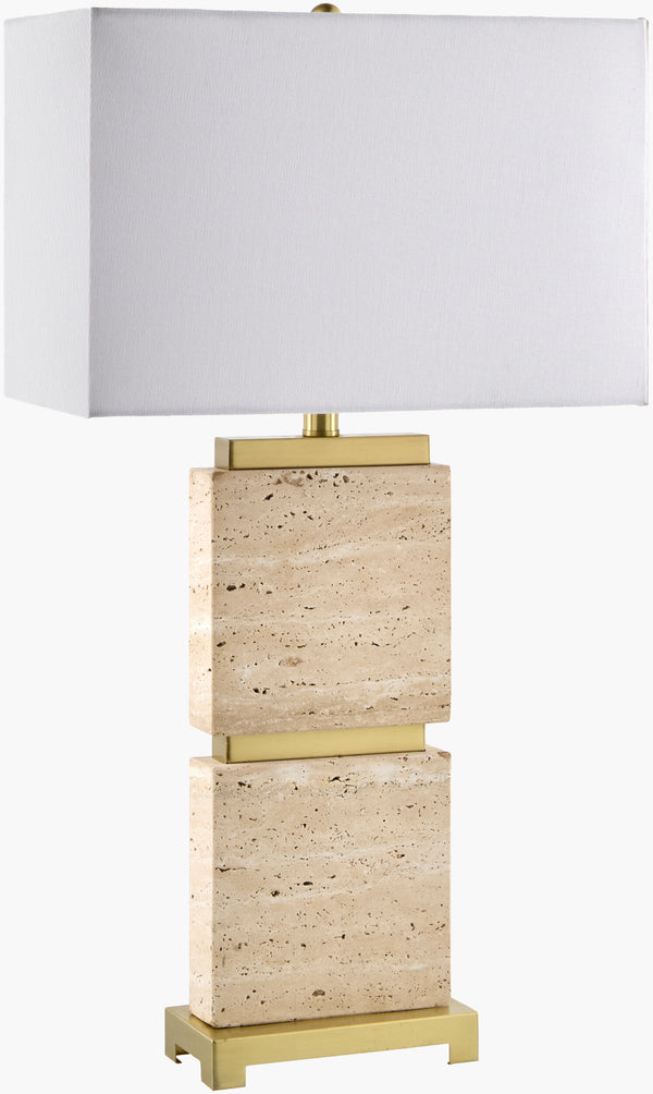 Surya Ponta 30" Elegant Table Lamp With Travertine Body & Linen Shade - Perfect For Any Home Decor! Body, Wheat,Base, Metallic ,Brass,Shade, White,Finial, Metallic ,Brass,Harp, Metallic ,Gold,Cord, Translucent Travertine,Iron,Linen,Linen,Linen,Plastic,Iron Pnt-002