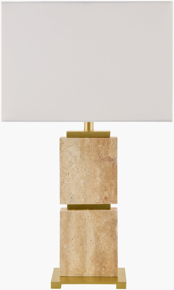Surya Ponta 30" Elegant Table Lamp With Travertine Body & Linen Shade - Perfect For Any Home Decor! Body, Brown,Base, Metallic ,Silver,Shade, White,Harp, Metallic ,Gold,Cord, Translucent Iron,Linen,Polyester Pnt-003