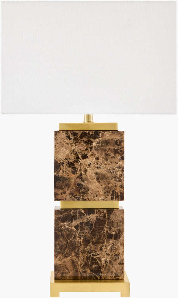 Surya Ponta Travertine Stone Table Lamp with Linen Shade for Bedroom or Study Decor PNT-006