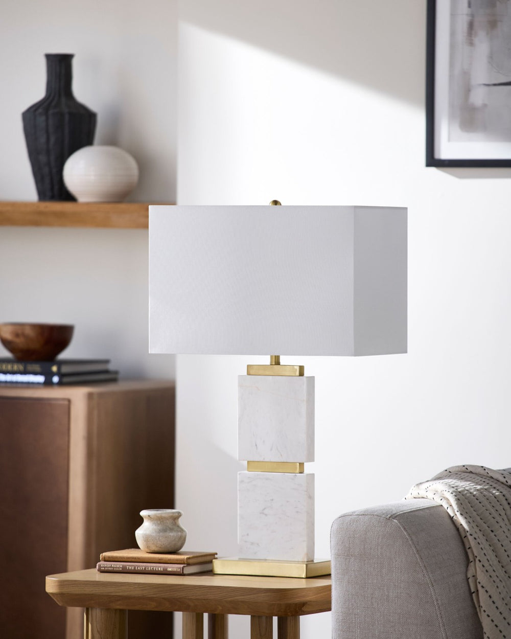Surya Ponta Arts and Crafts Marble Body Table Lamp with Linen Shade for Living Rooms PNT-005