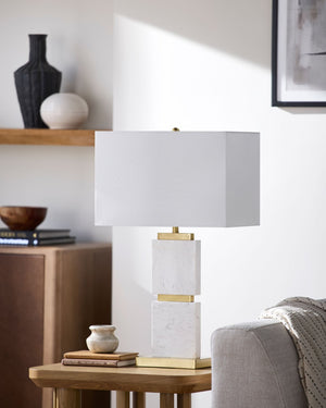 Surya Ponta Arts and Crafts Marble Body Table Lamp with Linen Shade for Living Rooms PNT-005