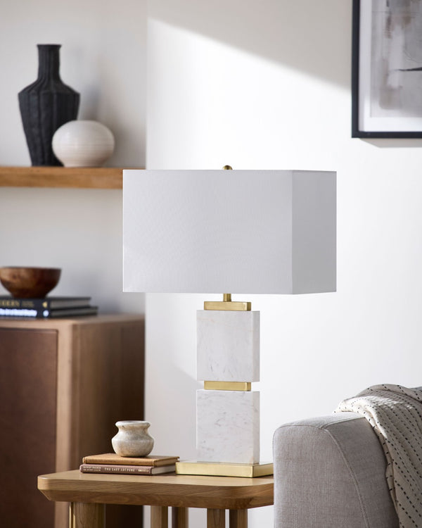 Surya Ponta Arts and Crafts Marble Body Table Lamp with Linen Shade for Living Rooms PNT-005