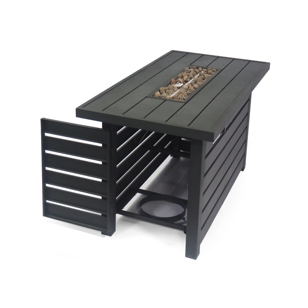 English Elm Rectangular Iron Propane Fire Table with Hidden Tank Storage and 30000 Btu Output 66597.00BLK-30K