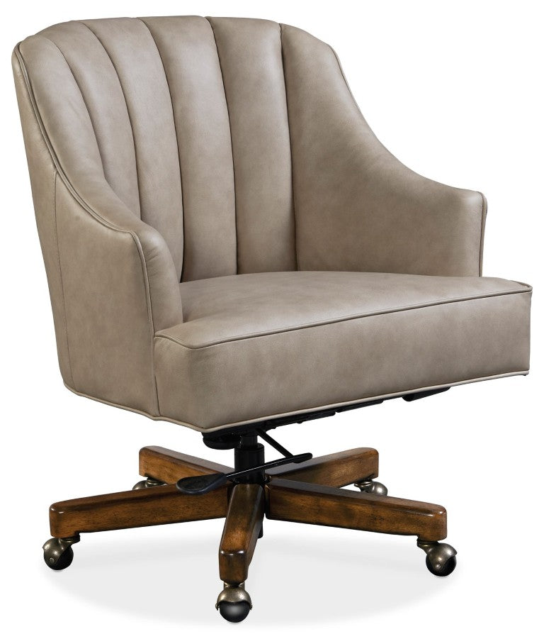 Hooker Furniture Haider Executive Swivel Tilt Chair In Easy Street Leather With Channeled Back, Wood Chestnut Base, Ergonomic Comfort Beige EC509-085