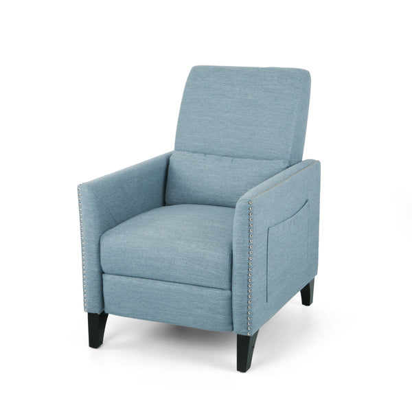 English Elm Christopher Knight Home® - PUSH Light Blue Fabric Push-Back Recliner with Nailhead Accents, Birch Wood Legs, Comfortable Relaxing Seat 65532.00LBLU