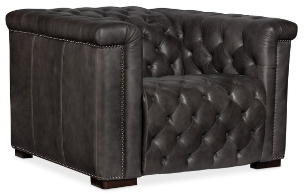 Hooker Furniture Savion Grandier Power Recliner In Giovanni Taupe Leather With Tufted Back, Nailhead Trim, Power Headrest Dark Gray SS434-P1-096