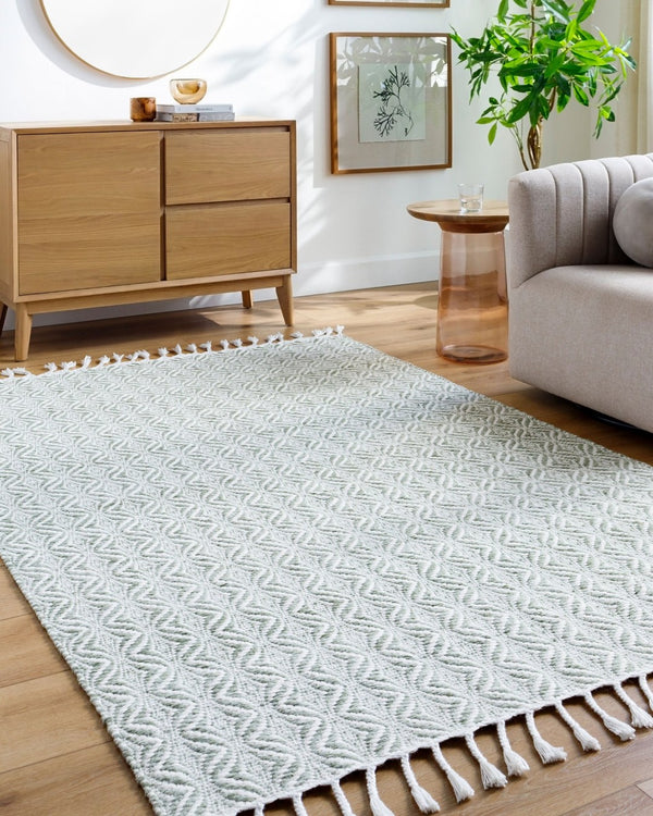 Livabliss Peony Bohemian Flatweave Accent Rug Handwoven Recycled Pet Yarn Entryway Artisan Sage, Ivory 5' x 7'6" PON2301-576