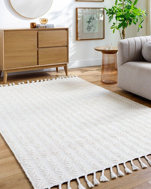 Livabliss Peony Flatweave Accent Rug Handwoven Recycled Pet Yarn with Fringe Bohemian Entryway Ivory, Blush 5' x 7'6" PON2302-576