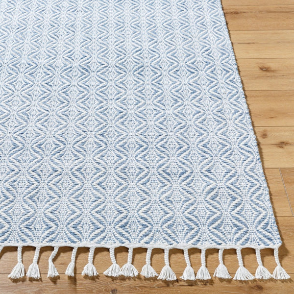 Livabliss Peony Bohemian Flatweave Accent Rug Handcrafted Recycled Fringe Entryway Textile Denim, White 2' x 3' PON2304-23