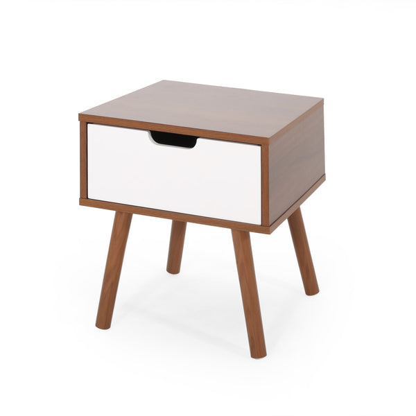 English Elm Christopher Knight Home® - END TABLE Mid-Century Modern Two-Toned End Table with Drawer, Faux Wood Top & Splayed Legs for Living Room White+Walnut 66761.00WALNWHT