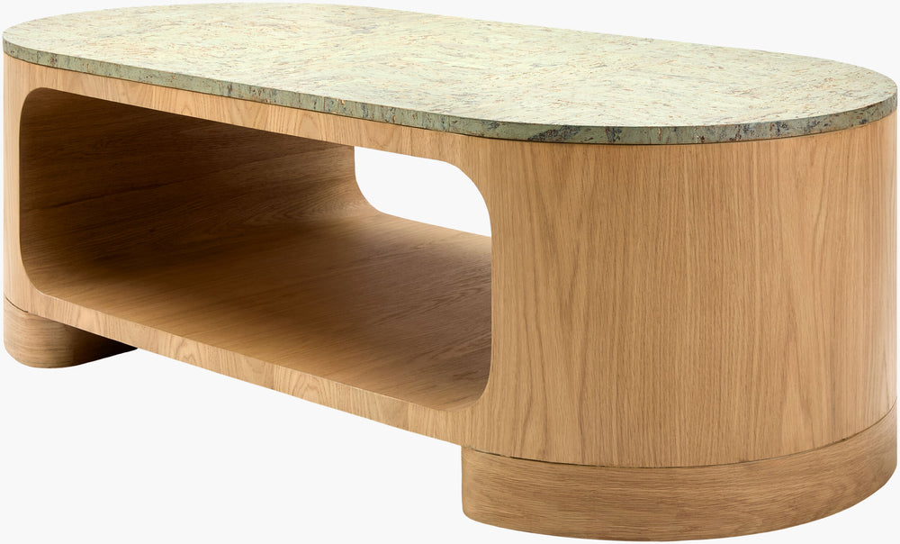 Surya Poros Coffee Table - 17"H X 54"W Minimalist Modern Design With Cork Top & Oak Base For Any Space Top, Green,Base, Brown Cork Veneer,Oak Pors001-175426