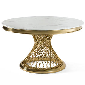 VIG Furniture Potter Round Dining Table With White Marble Top & Gold Stainless Steel Pedestal, Seats 6, 51"_X000d_ VGZAT9007