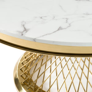 VIG Furniture Potter Round Dining Table With White Marble Top & Gold Stainless Steel Pedestal, Seats 6, 51"_X000d_ VGZAT9007