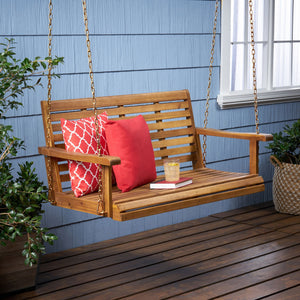 English Elm Tasmania Acacia Hardwood Porch Swing Slatted Outdoor Bench with Hanging Chains 69655.00