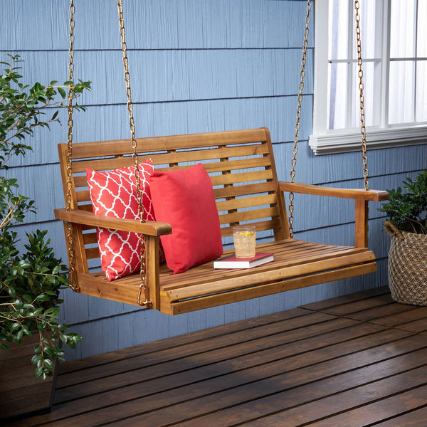 English Elm Tasmania Acacia Hardwood Porch Swing Slatted Outdoor Bench with Hanging Chains 69655.00