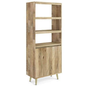English Elm Jager Mid-Century Bookshelf with Doors - Mango Wood & Brass Inlay, Soft-Close Storage Shelves B136P158751
