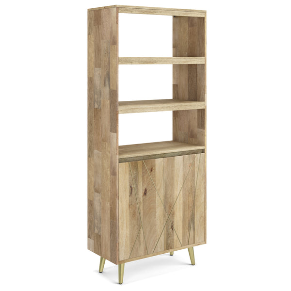 English Elm Jager Mid-Century Bookshelf with Doors - Mango Wood & Brass Inlay, Soft-Close Storage Shelves B136P158751
