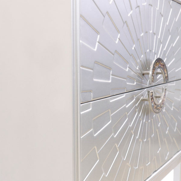 Pasargad Pearl Collection Luna Wooden Nightstand With Glamorous Metal Frame, Stunning Silver Finish Silver Wood Finish Pph-a2