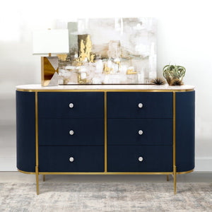 Pasargad Home Elegant White Marble Top Theodore Sideboard – Glamorous Modern Storage Solution Navy Wood Finish Pph-h1